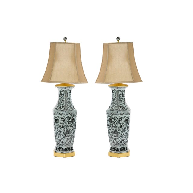 Mid 20th Century Large Pair Glazed Tapestry Porcelain / Gilt Base Table Lamps For Sale - Image 5 of 13