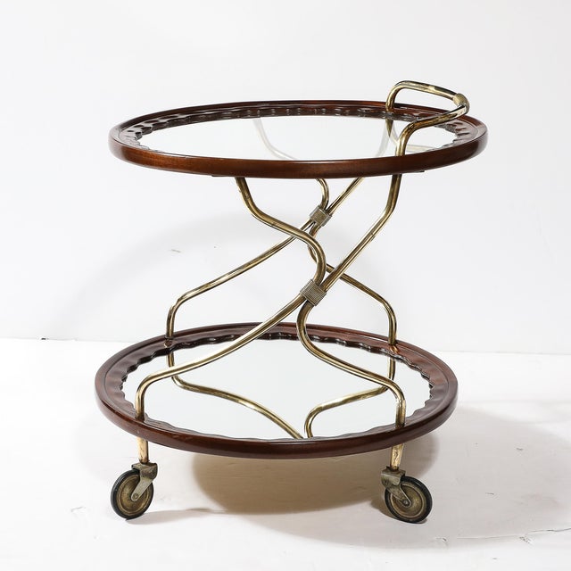 Mid-Century Modernist Two-Tier Walnut, Polished Brass & Glass Serving Cart For Sale In New York - Image 6 of 12