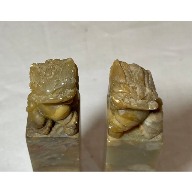 Pair Antique Hand Carved Chinese Hard Stone Chop Seal Block Foo Lion Sculpture For Sale - Image 13 of 13