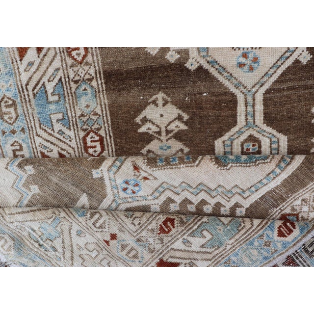 Long Persian Heriz Runner With Central Medallions in Brown, Blue, Tan & Red For Sale - Image 10 of 12