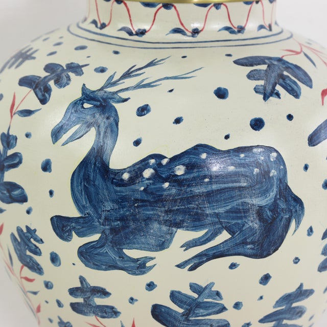 Pair of Vintage Brunschwig & Fils Cadiz Table Lamps - Blue and Cream Ceramic With Boar and Deer Motif For Sale - Image 9 of 15