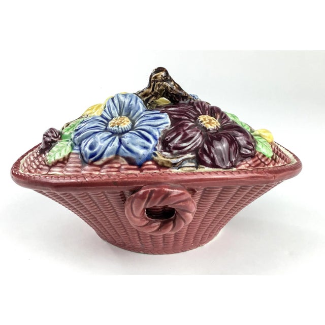 Colorful Japan Produced Majolica Covered Ceramic Basket For Sale - Image 4 of 13