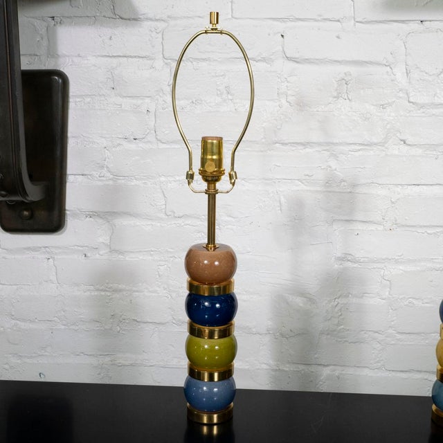 Modern Pair of multicolored ceramic and brass table lamps For Sale - Image 3 of 9