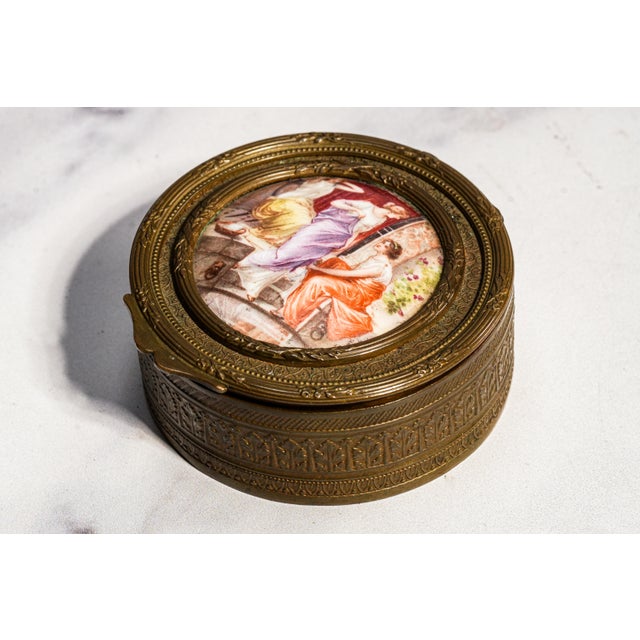 Exceptional Round Small Antique 19th Century French Hand Painted Porcelain Neoclassical Box For Sale - Image 15 of 16