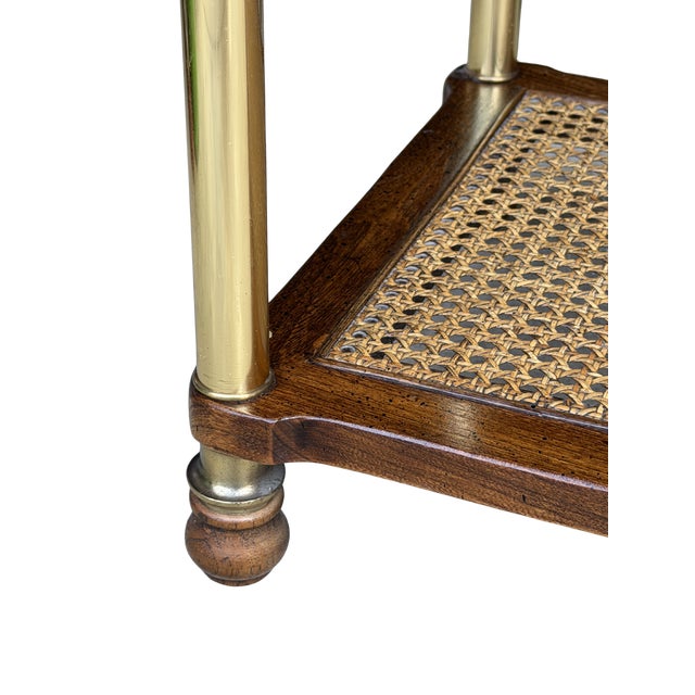 Vintage Hollywood Regency Faux Bamboo Brass Console Table With Cane Shelf & Double Glass Top | Chinoiserie Campaign Entry Table For Sale - Image 12 of 12