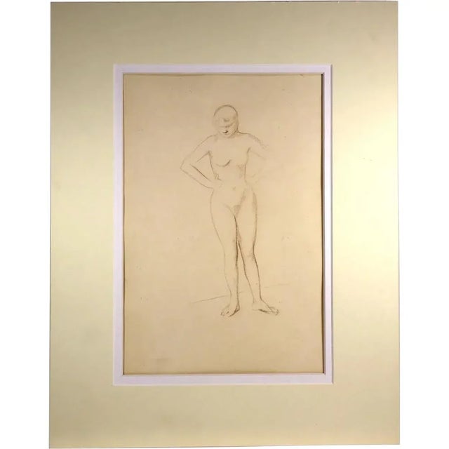 DETAILS An antique study drawing of nude woman standing with arms akimbo with her head and eyes cast downward. FRAMING...