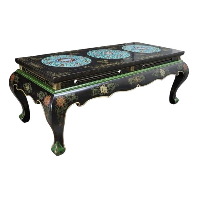 Vintage Chinese Ebonized, Polychromed & 3 Cloisonne Disk Coffee Table 20thC For Sale
