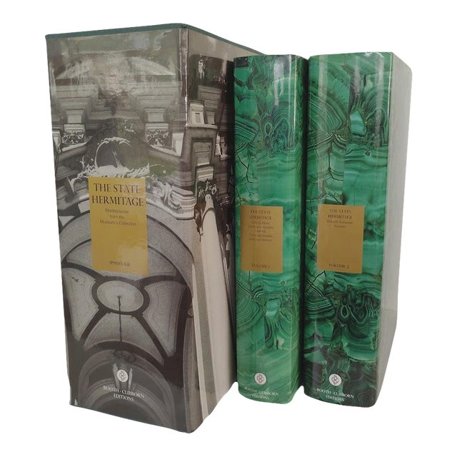1994 The State Hermitage Masterpieces From the Museum 2-Volume Collector's Edition Coffee Table Books With Malachite Green Covers & Slip Case Box For Sale