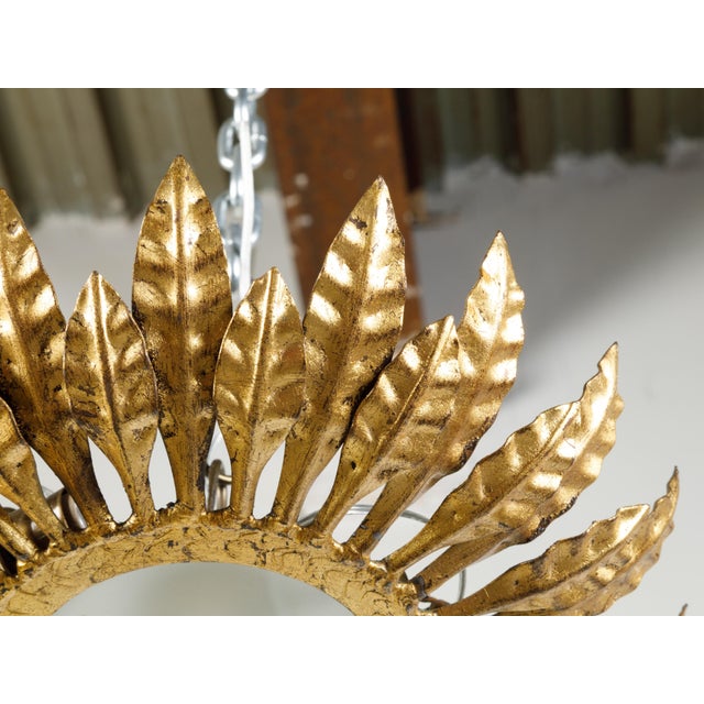 Mid 20th Century Spanish Gilt Metal Crown Chandelier with Leaves and Frosted Glass For Sale - Image 4 of 8