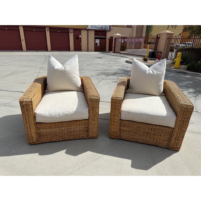 Pair of Michael Taylor Style Oversized Woven Rattan Lounge Chairs For Sale - Image 9 of 12