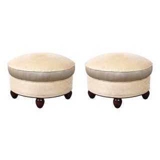 Art Deco Upholstered Ottomans With Walnut Reeded Supports Manner of Ruhlmann For Sale
