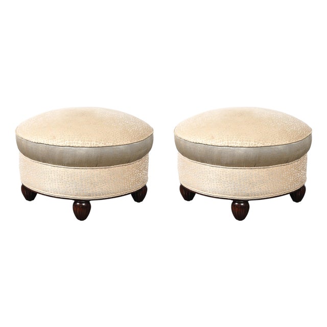 Art Deco Upholstered Ottomans With Walnut Reeded Supports Manner of Ruhlmann For Sale