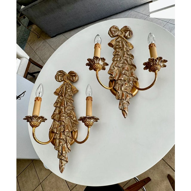 Pair Italian Neo Classic Carved Ribbon Draped Wall Sconces For Sale - Image 12 of 12