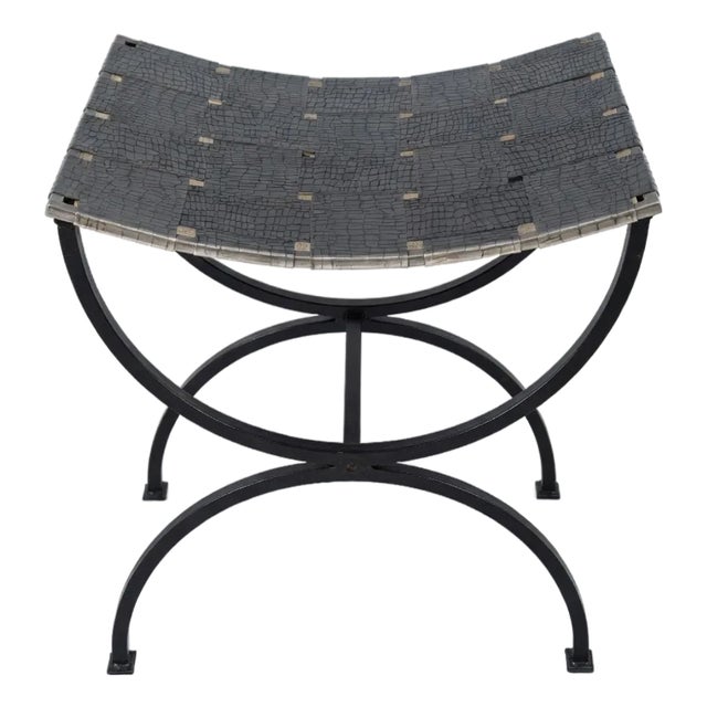 1980s Contemporary Industrial Metal X-Base Stool / Ottoman With Crocodile-Textured Metal Seat For Sale