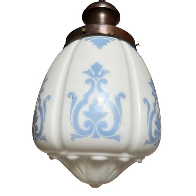 1910s Melon Shaped White SND Blue Damask Pattern Glass Fixtures on Original Payina Holders - a Pair For Sale - Image 4 of 9