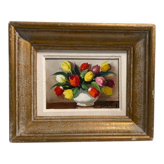 Small Vintage Flower Painting With Tulips Signed For Sale