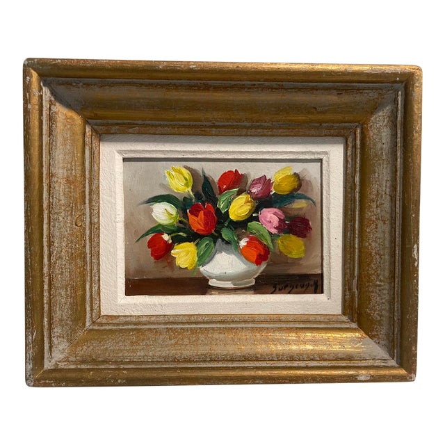 Small Vintage Flower Painting With Tulips Signed For Sale