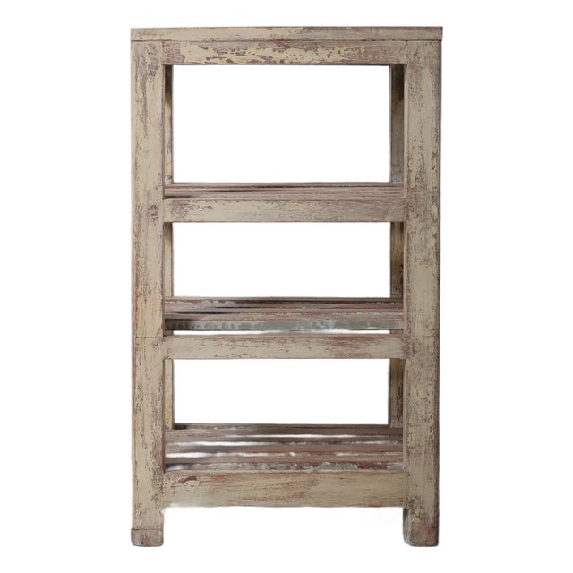 Vintage Indian Wooden Farmhouse Storage Shelf With Distressed Paint For Sale