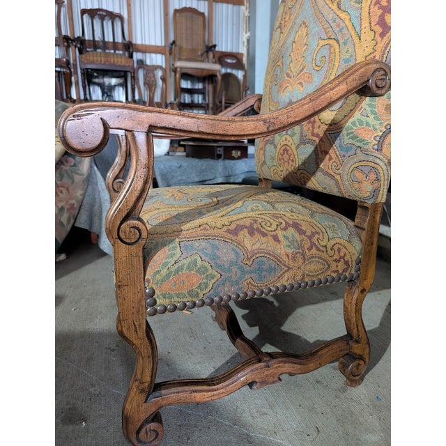 Vintage French Provincial Paisley Upholstered Armchair With Matching Ottoman For Sale - Image 10 of 14
