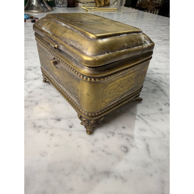 Vintage Brass Engraved Jewelry Casket With Claw Feet For Sale - Image 4 of 7
