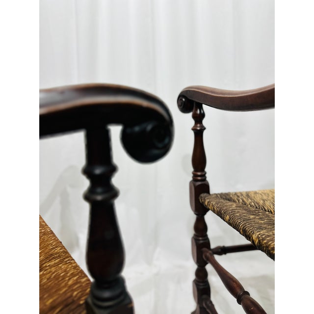 Pair of Antique 18th Century Queen Anne Style Mahogany Armchairs With Rush Seats For Sale - Image 12 of 14