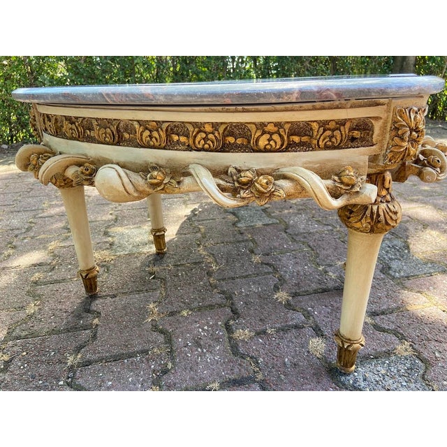 1980s 1980s Louis XVI Style Antique White Beech Marble Coffee Table For Sale - Image 5 of 18