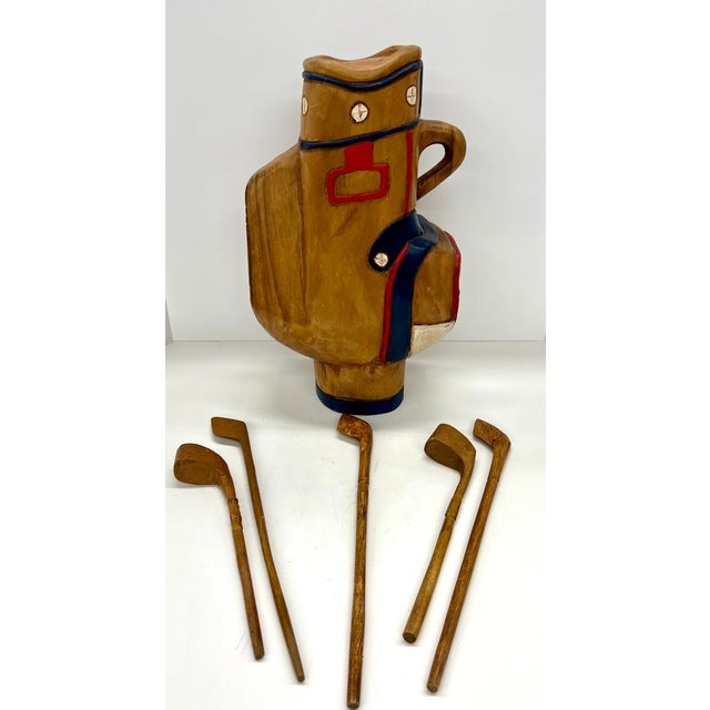 Vintage Hand-Carved Wooden Golf Bag & Clubs – Folk Art Sculpture With Removable Clubs $350 Bring instant “classic...