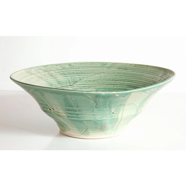 Mid 20th Century Large Celadon Glazed Ceramic Bowl With Incised Abstract Decoration For Sale - Image 5 of 9