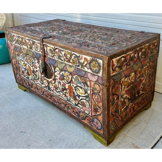 Museum-Quality 18th Century Peruvian Spanish Colonial Polychromed Leather Dowry Trunk/ Chest For Sale - Image 9 of 18