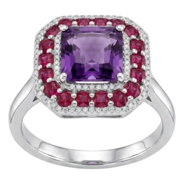 Natural Ruby 2.30cts, Amethyst 5.30cts & Diamond 0.50cts Ring in 14k Gold For Sale