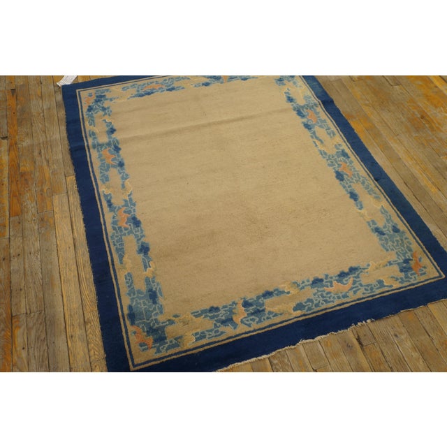 1900s Tan Camel Abstract Antique Chinese Peking Rug 4' X 5' Handknotted Wool Carpet For Sale - Image 4 of 6