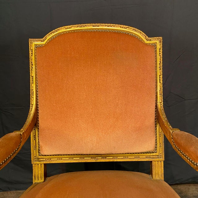 Orange Antique French Louis XVI Giltwood Mohair Armchairs From Salon Set -a Pair For Sale - Image 8 of 13