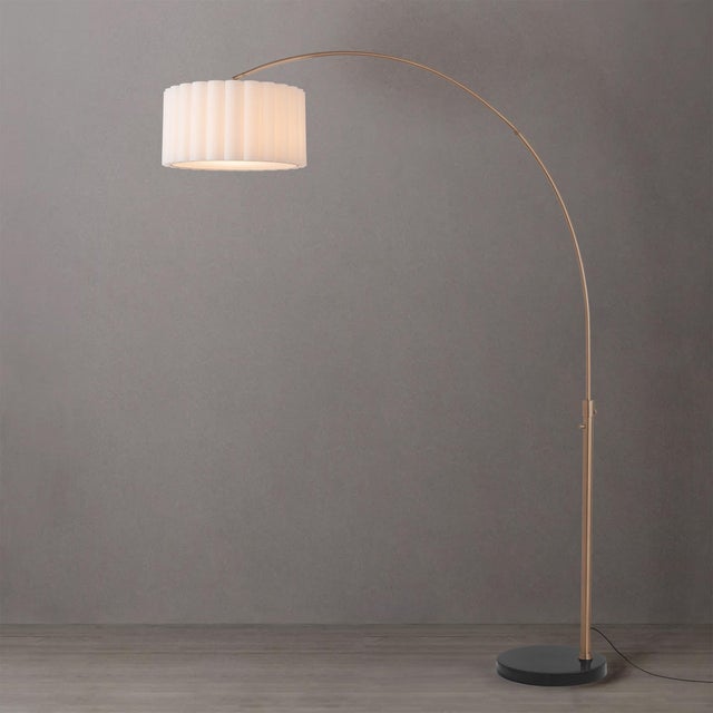 Nova 1960s Scallop 92" Arc Floor Lamp - Weathered Brass, Black Marble Base, White Linen Shade, Modern Design For Sale - Image 4 of 4