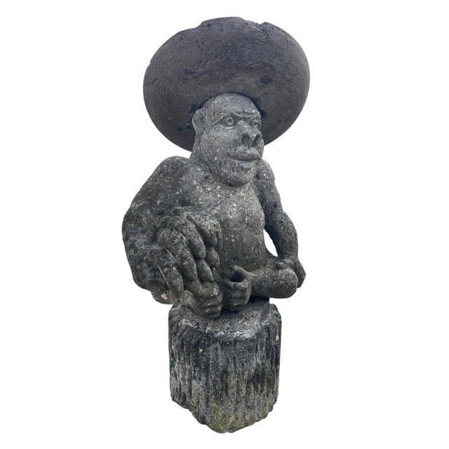 Vintage Hand-Carved Volcanic Stone Whimsical Monkey With Sombrero & Bananas Garden Statue For Sale - Image 4 of 12