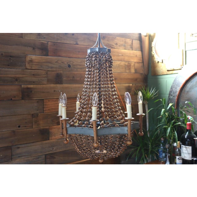 French Vintage Wood Bead and Verde Brass Chandelier, 1940s For Sale - Image 3 of 12