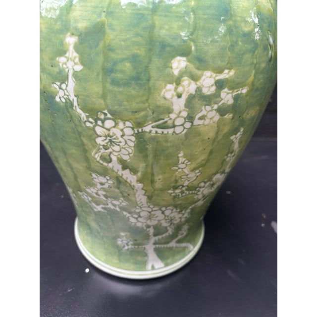 Large Celadon Green Cherry Blossom Ginger Jar – Hand Painted Chinoiserie Porcelain Lidded Vase For Sale In Washington DC - Image 6 of 12