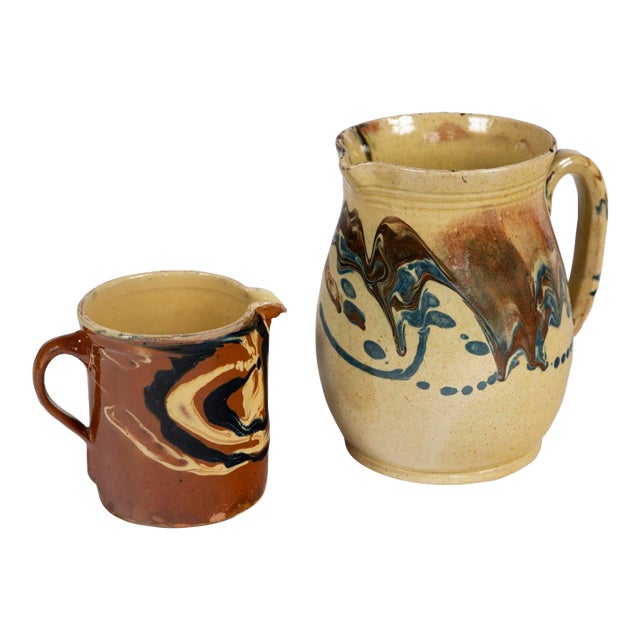 Two Antique Jaspé Pottery Pitchers, France, Late 19th Century For Sale