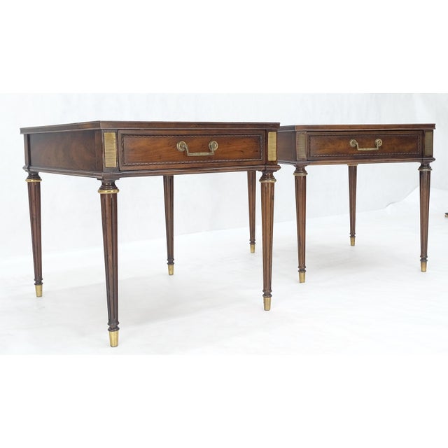 Pair Banded Top Fluted Tapered Legs One Drawer Low Profile End Tables Stands For Sale - Image 13 of 14