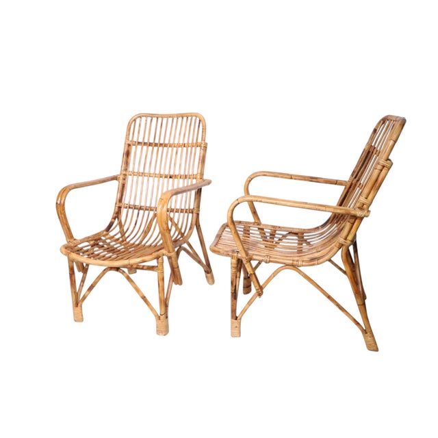 Tan Pr. Coastal Style Mid 20th Century Bamboo Rattan Lounge Chairs For Sale - Image 8 of 12