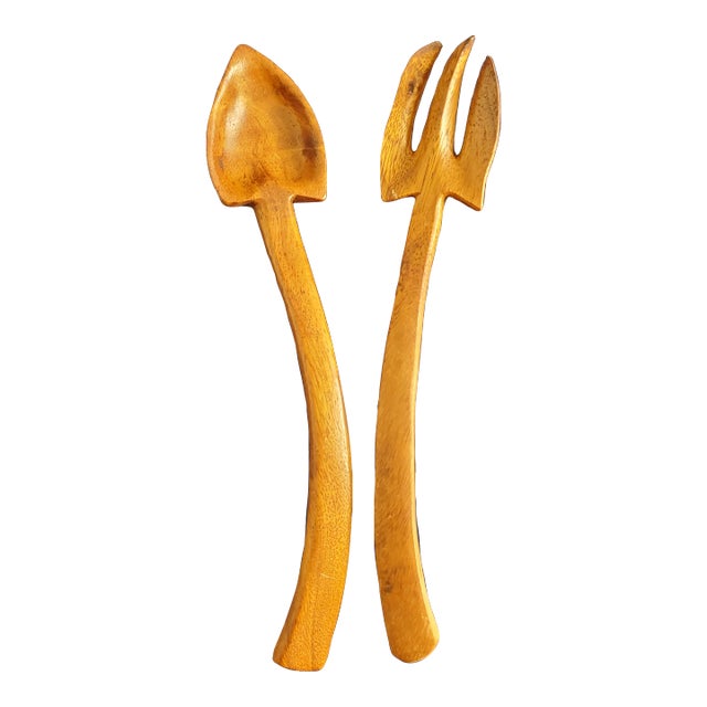 1960s Vintage Monkey Pod Wood Salad Servers - a Pair For Sale