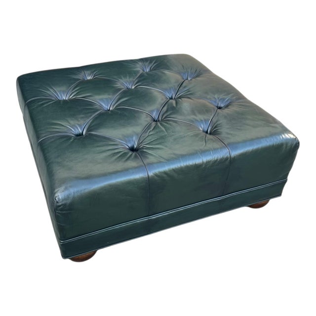 Vintage Deep Green Tufted Leather Ottoman For Sale - Image 10 of 11