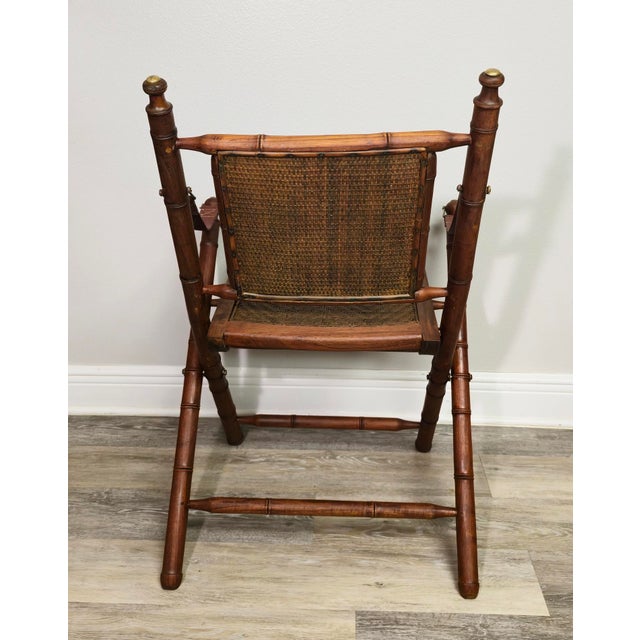 Wood Early 20th Century Pair of British Colonial Campaign Folding Chairs · Faux Bamboo · Original Herringbone Wicker · Brass/Bronze Hardware For Sale - Image 7 of 8