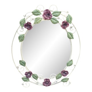 Vintage Italian Tole Metal Floral Rose Wall Mirror For Sale