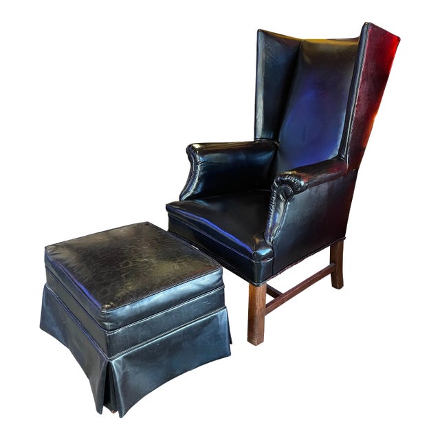 Patent Leather English Wingback Chair and Ottoman For Sale