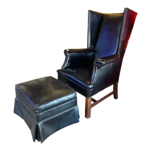 Patent Leather English Wingback Chair and Ottoman