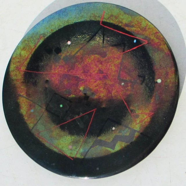 Beautifully designed dichroic art glass. Creative graphics of lines and grids intersecting on the center of the tray. Deep...