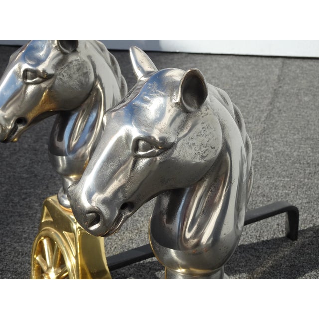 Gold Brass and Silver Cast Iron Horse Equestrian Andirons - a Pair For Sale - Image 10 of 13