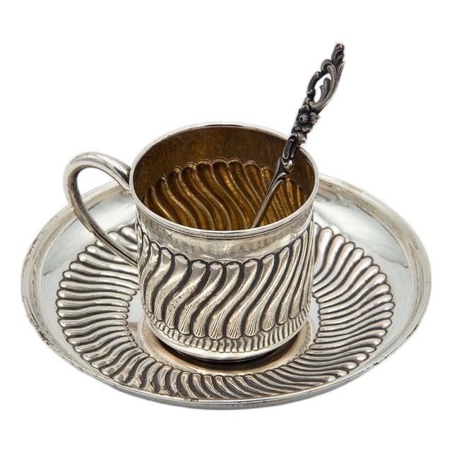 Embossed Silver Coffee Cup and Saucer For Sale
