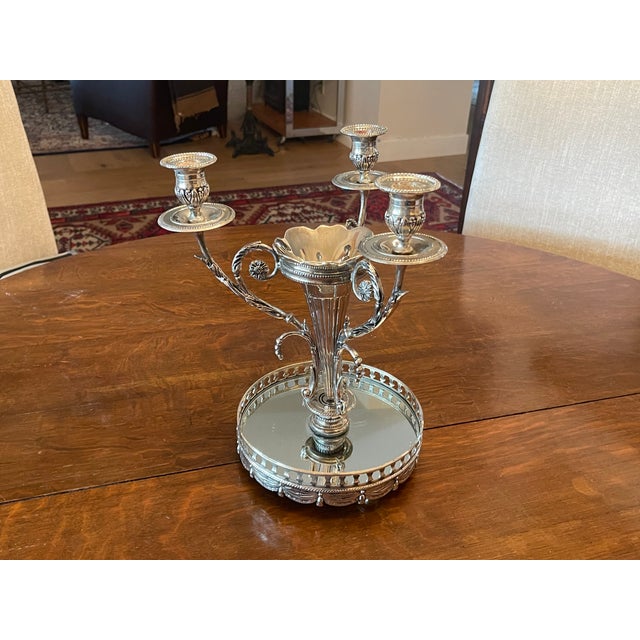 English Vintage Shabby Shic Godinger Silver Plated Epergne 3 Branch Candleabra Mirror Tray For Sale - Image 3 of 9