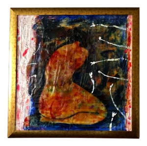 Abstract Figurative Colorful Large Nude Painting With Gold Frame - 44 X 44